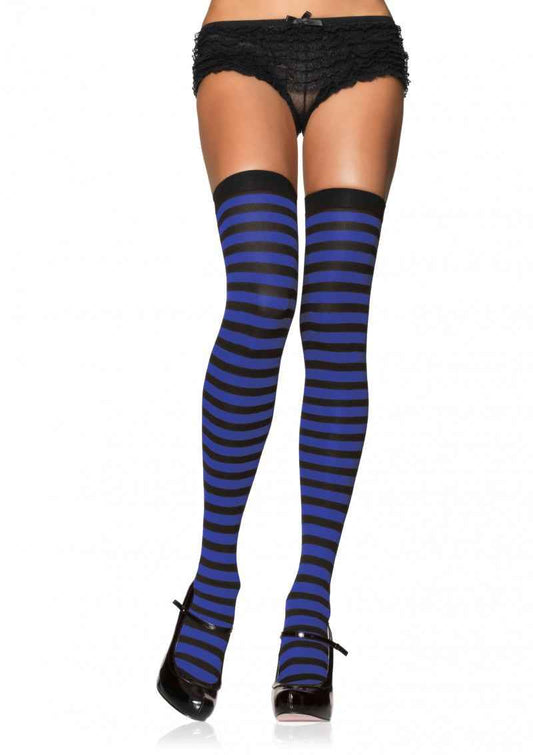 Leg Avenue halterlose gestreifte Stay-Up Strümpfe Schwarz-Blau Overknee – Produktansicht