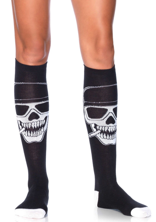 Leg Avenue Skelett Kniestrümpfe Schwarz Weiss mit Schädelmuster