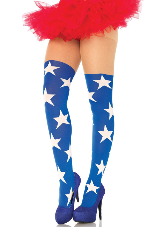 Leg Avenue Überknie Strumpfhose Superhero Superstar Azurblau mit weissen Sternen bei Fasnacht24.ch