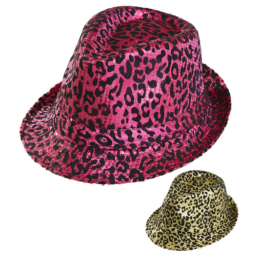 "LEOPARDMUSTER PAILLETTEN FEDORA" in 2 Farben sortiert – Vorderansicht