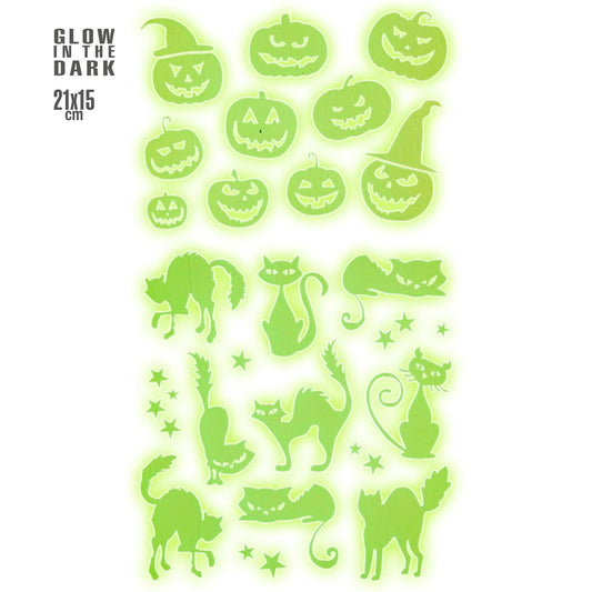 "LEUCHTENDE GLOW IN THE DARK HALLOWEEN DEKO STICKER" 21x15 cm – Vorderansicht