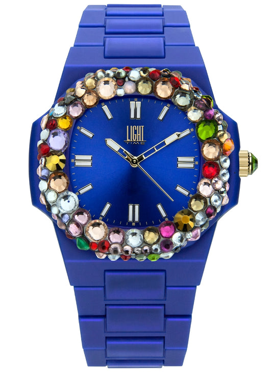 LIGHT TIME Velvet Nautilus Blue Rainbow Strass Damen Quarzuhr 42 mm – Produktansicht