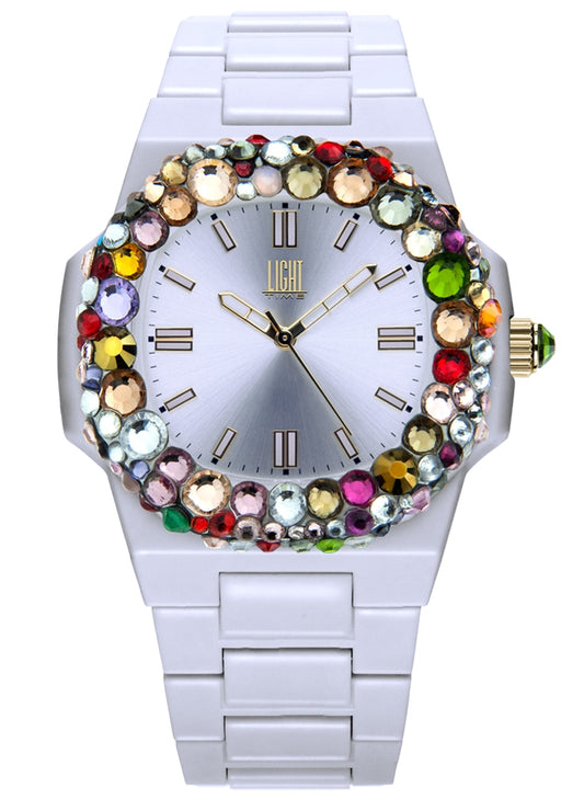 LIGHT TIME VELVET NAUTILUS White Rainbow Strass Damen-Quarzuhr 42 mm Weiss – Produktansicht