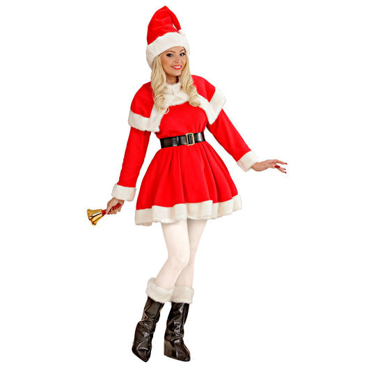 "LUXUS MISS SANTA" (Kleid, Gürtel,Mäntelchen, Stiefelüberzieher und Hut mit Plüschrand) – Vorderansicht