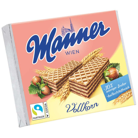 Manner Vollkorn Schnitten 75g knusprige Vollkornwaffeln mit Haselnusscremefüllung 30% Zucker – Produktansicht