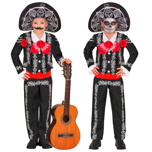 "MARIACHI DIA DE LOS MUERTOS" (Jacke, Hemd mit Weste und Fliege, Hose, Sombrero) – Vorderansicht