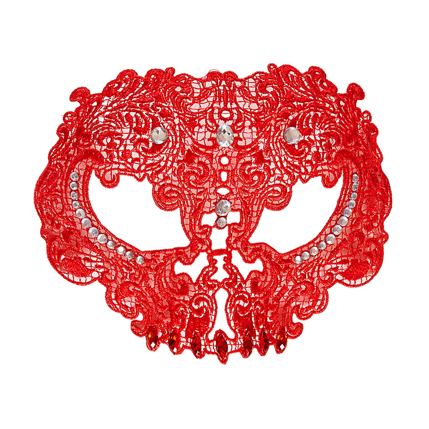 "MASKE SKULL AUS ROTER SPITZE MIT STRASS UND EDELSTEINEN" – Vorderansicht