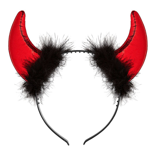 "METALLIC-ROTE HÖRNER MIT VERZIERUNG AUS MARABOU UND LAMETTA-FÄDEN" – Vorderansicht