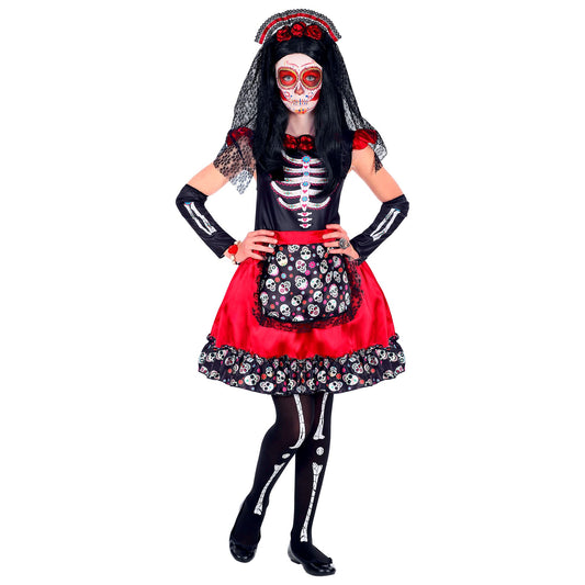 "MUJER DIA DE LOS MUERTOS" (Kleid, Armstulpen, Haarreif mit Schleier) – Vorderansicht