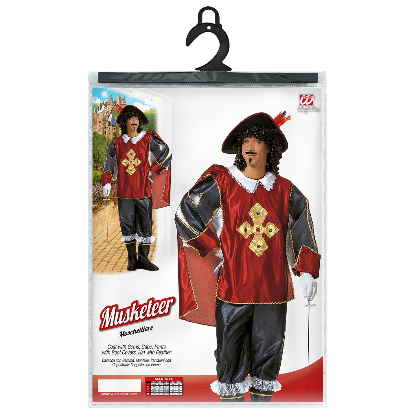 "MUSKETIER" (Kasack mit Edelsteinen, Umhang, Hose mit Stiefelüberziehern, Hut mit Feder) – Detailansicht