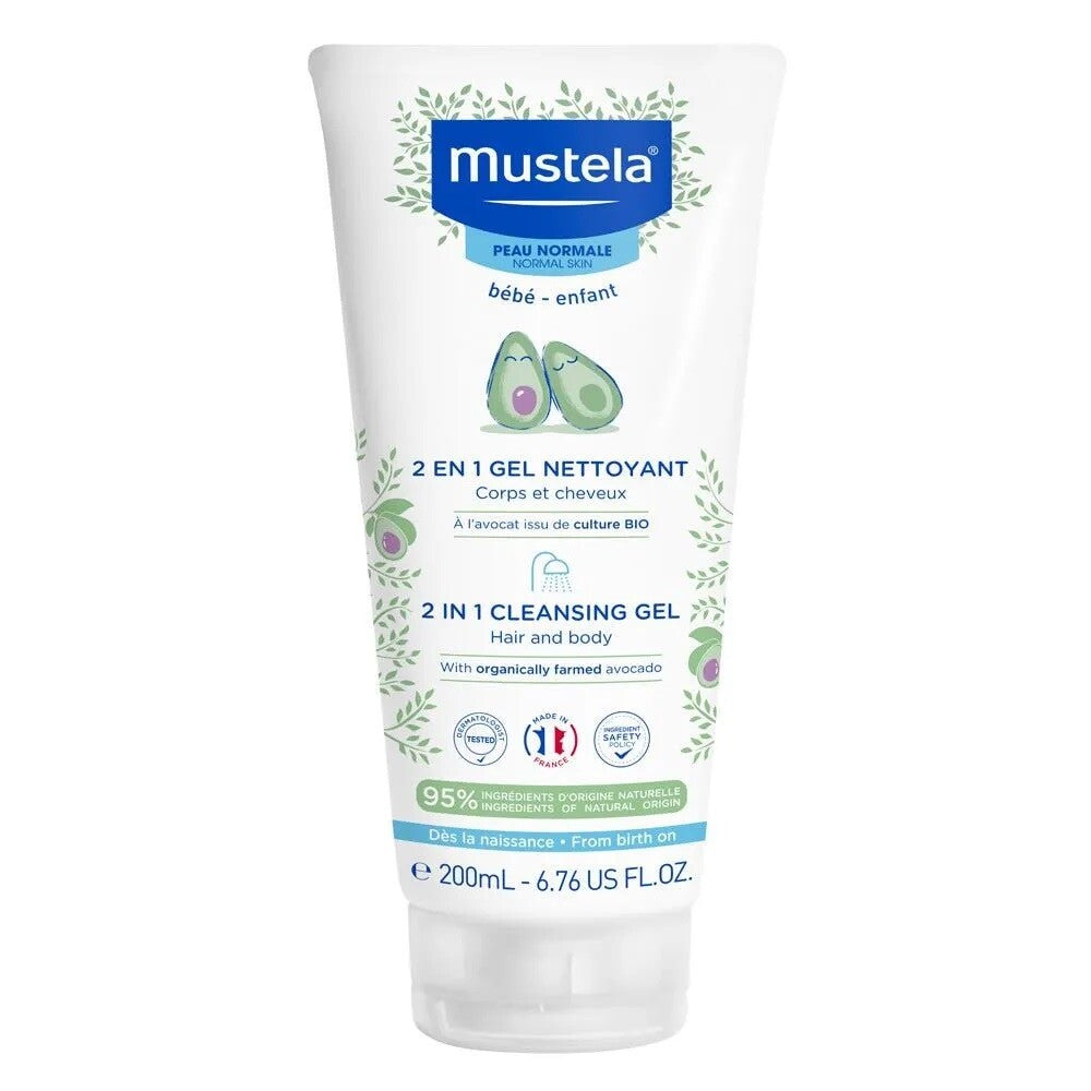 Mustela, 2 In 1, Avocado, Sanfte Reinigung, Reinigungsgel, Für Gesicht & Haar, 200 ml