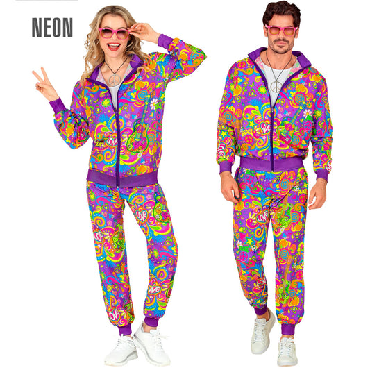 "NEON FLOWER POWER HIPPIE PARTY FASHION TRAININGSANZUG" (Oberteil, Hose) – Vorderansicht