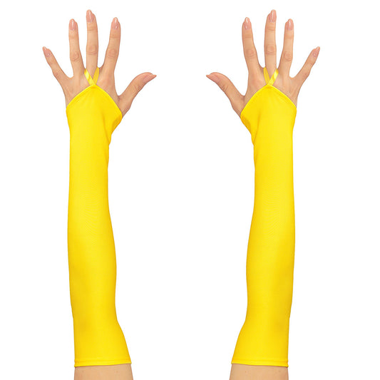 "NEON GELBE FINGERLOSE SATINHANDSCHUHE - 43 cm" – Vorderansicht