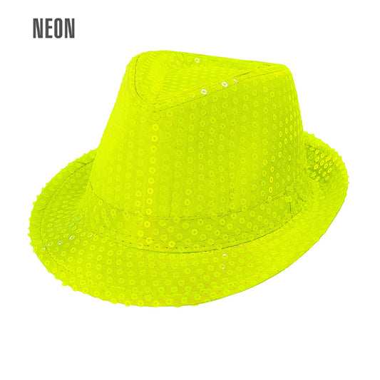 "NEON GELBER FEDORA MIT PAILLETTEN" – Vorderansicht