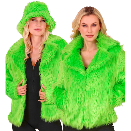 "NEON GRÜNE DAMEN PLÜSCHJACKE" – Vorderansicht