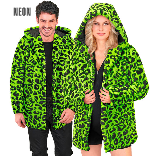 "NEON GRÜNER ANIMALIER LEOPARDENMUSTER PLÜSCHMANTEL MIT KAPUZE" – Vorderansicht
