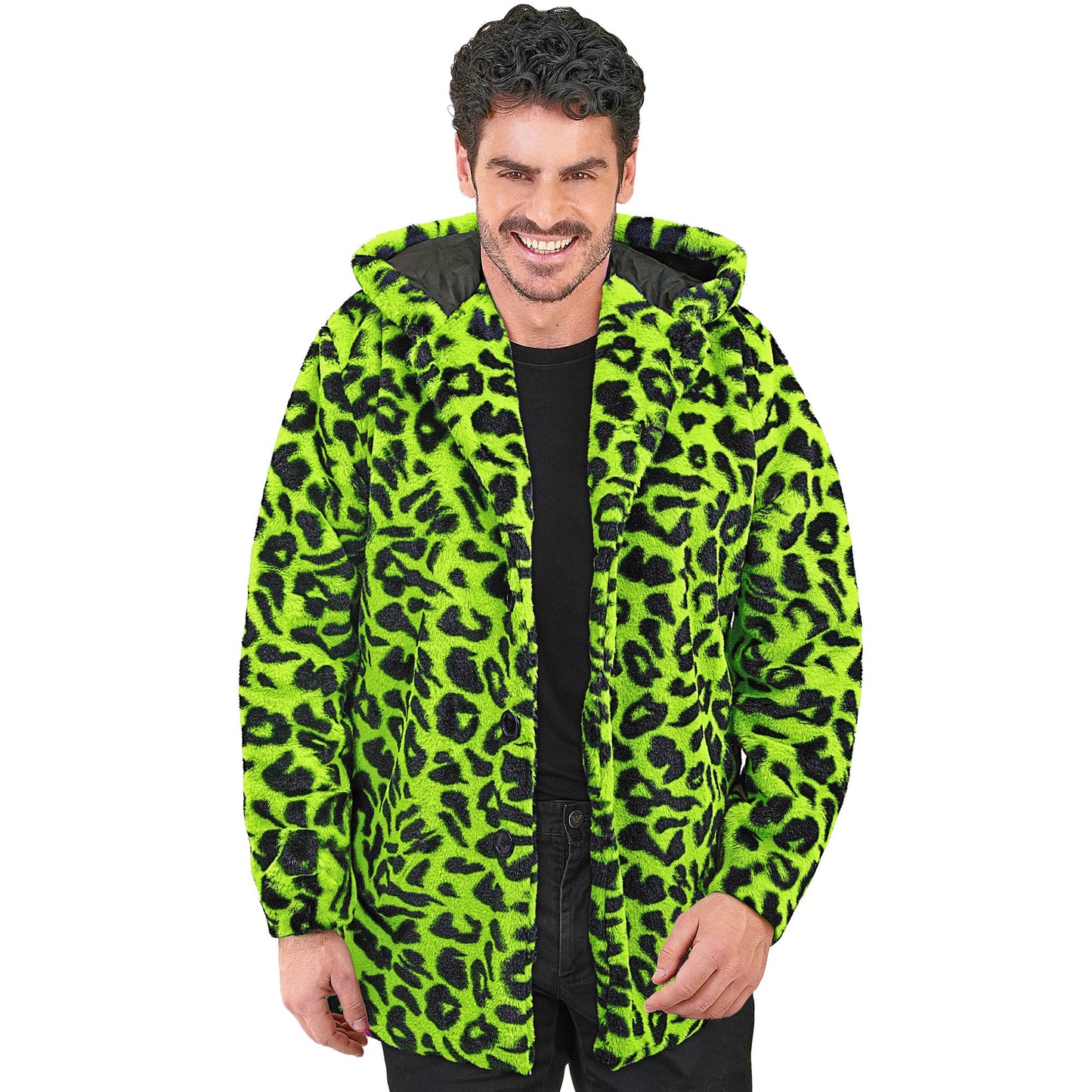 "NEON GRÜNER ANIMALIER LEOPARDENMUSTER PLÜSCHMANTEL MIT KAPUZE" – Ansicht 9