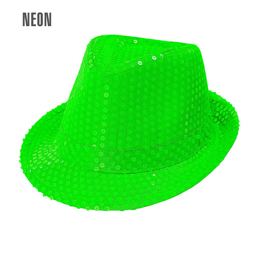 "NEON GRÜNER FEDORA MIT PAILLETTEN" – Vorderansicht