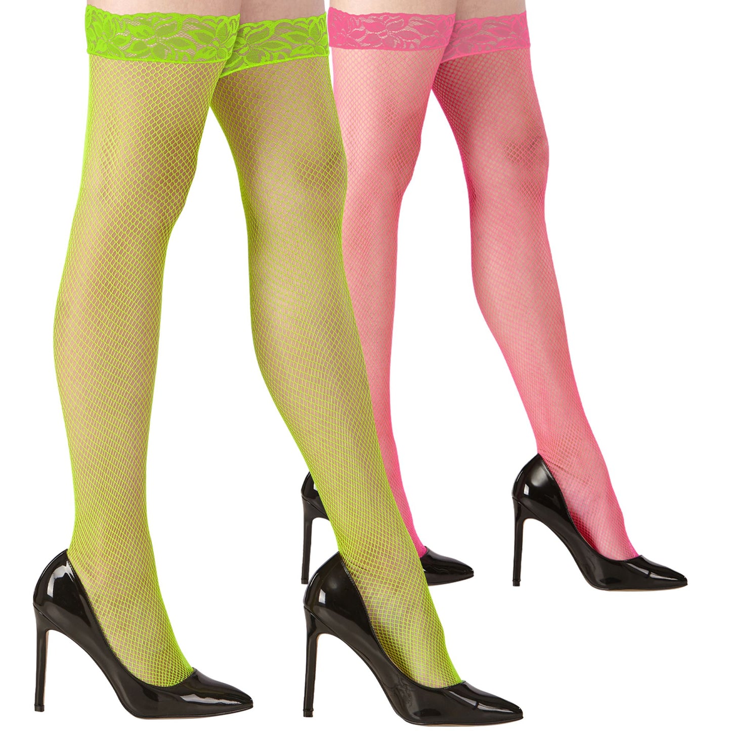 "NEON HALTERLOSE NETZSTRÜMPFE MIT SPITZE" in 4 Farben sort.: rosa, gelb, orange, grün – Ansicht 4