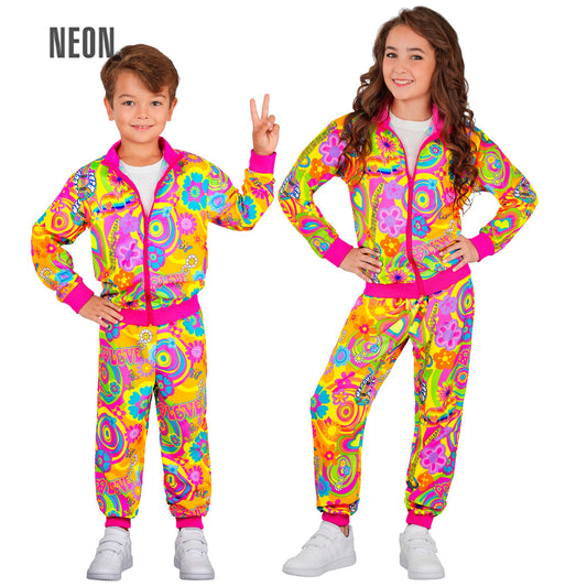 "NEON HIPPIE GROOVY LOVE PARTY FASHION TRAININGSANZUG" (Oberteil, Hose) – Vorderansicht