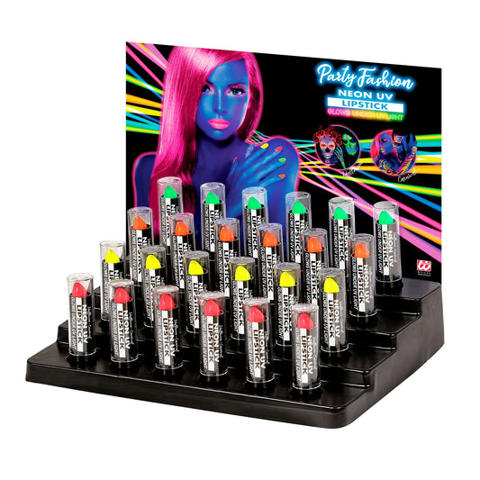 "NEON LIPPENSTIFT" 6 ml in Displaybox - (6 x neon pink, neon gelb, neon grün, neon orange) – Vorderansicht