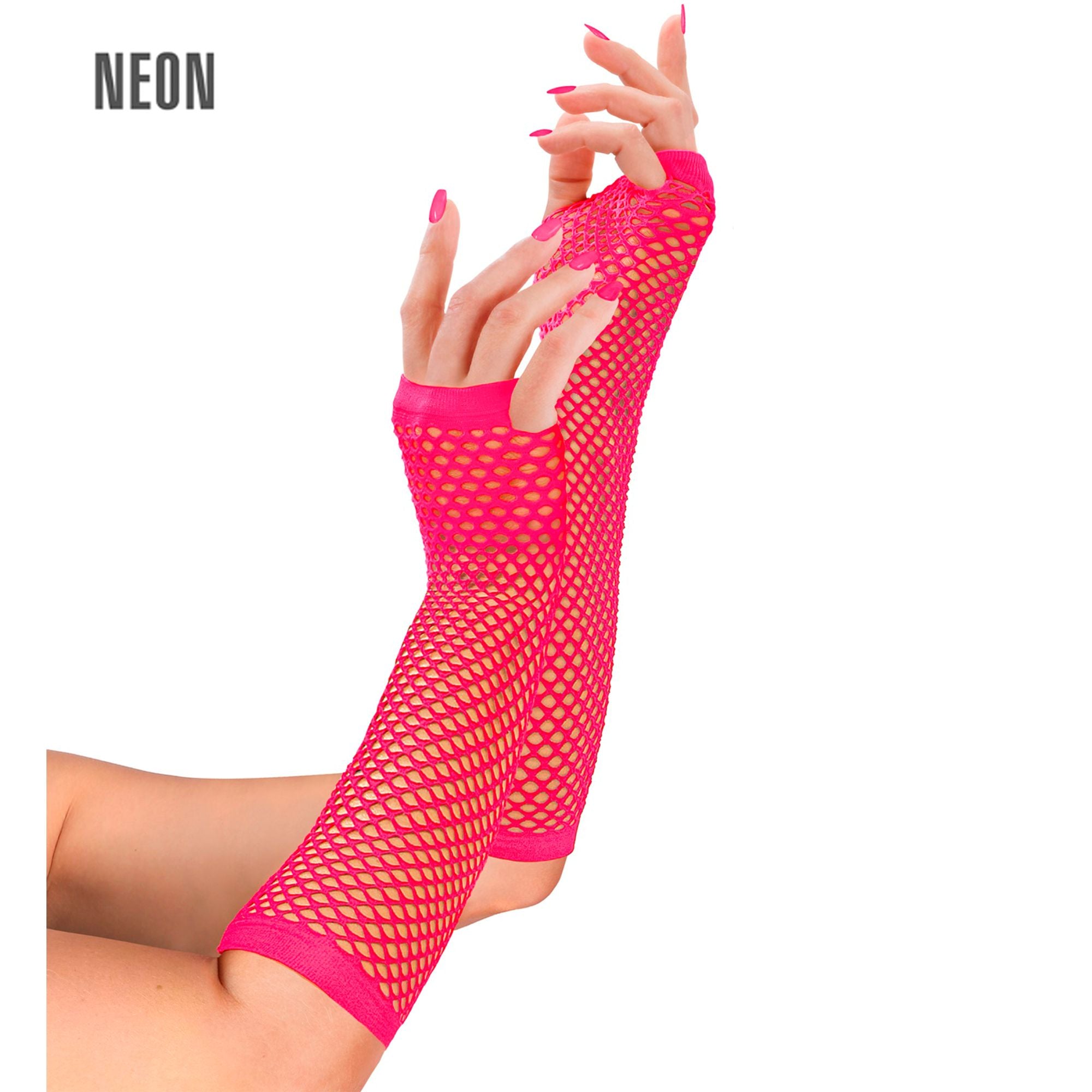 Fingerlose Netz-Handschuhe Neon Pink, 33 cm