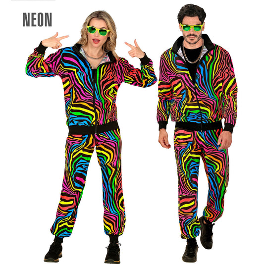 "NEON REGENBOGEN PARTY FASHION TRAININGSANZUG MIT TIERMUSTER" (Oberteil, Hose) – Vorderansicht