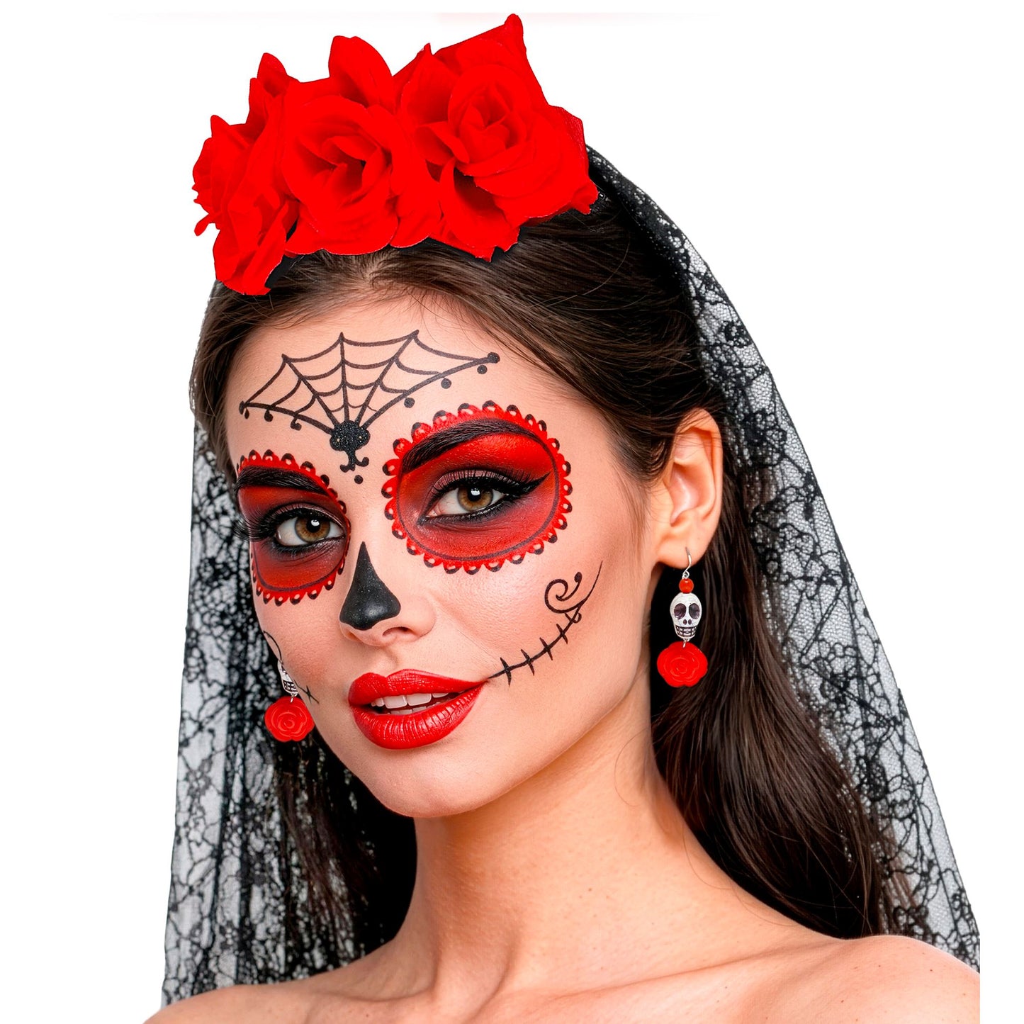 "OHRRINGE MIT WEISSEM TOTENKOPF UND ROTER ROSE" – Ansicht 3