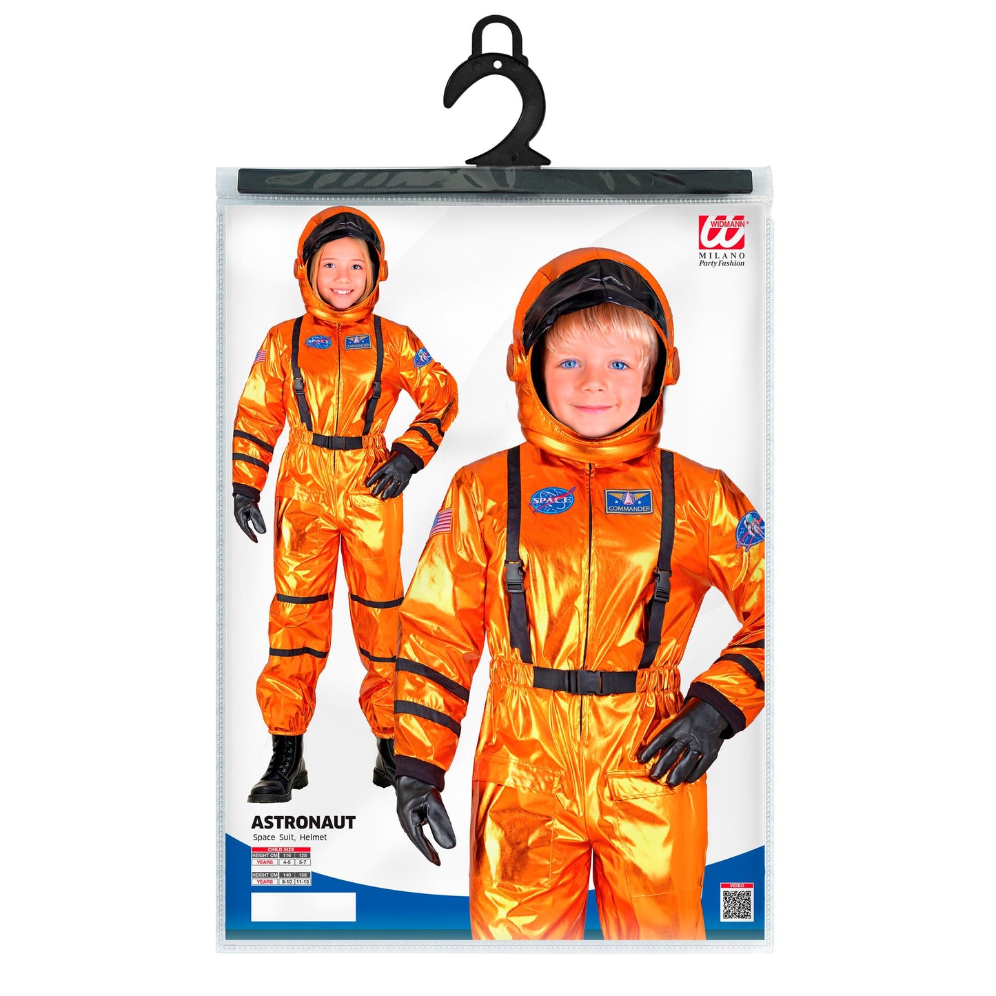 Oranger Astronaut Commander Kostüm mit Helm für Kinder Widmann – Verpackung