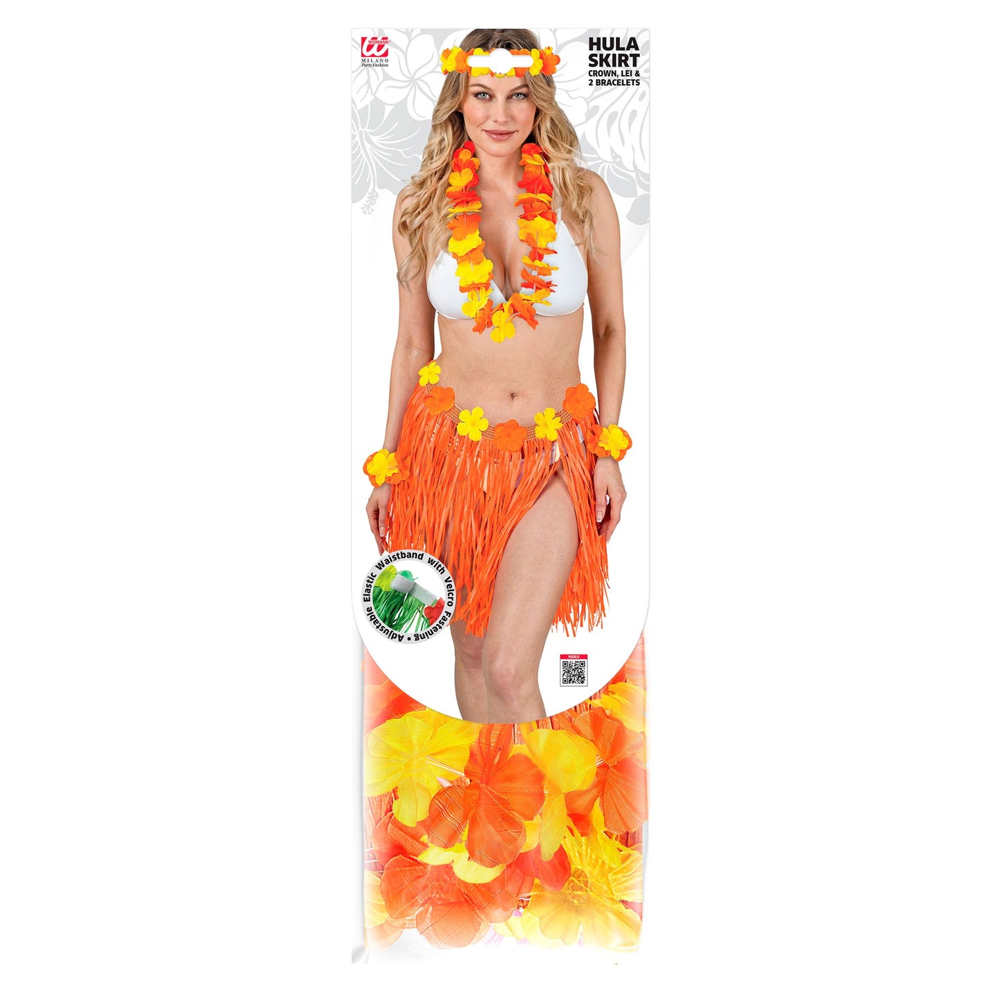 "ORANGENES HAWAII-SET" (Bastrock mit Blumengürtel, Halskette, Stirnband, 2 Armbänder) – Ansicht 5
