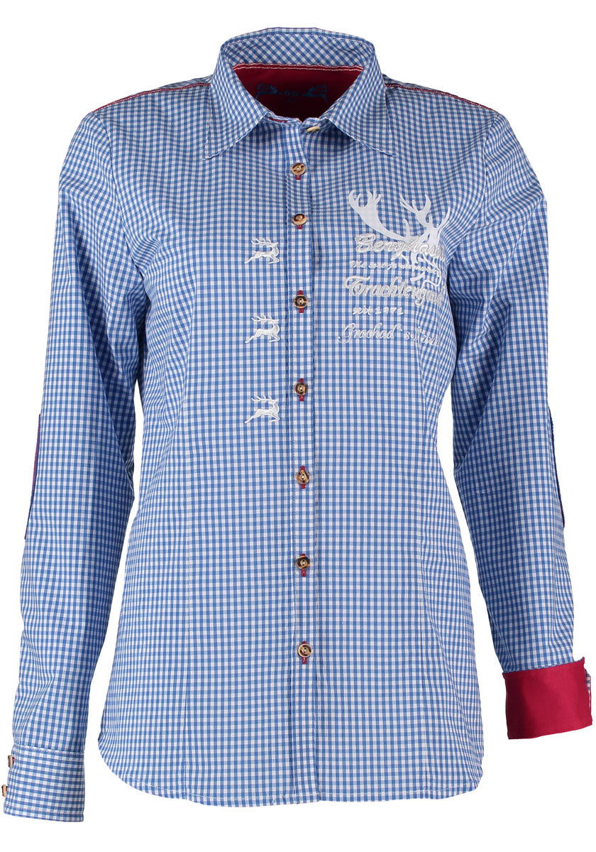 Trachtenbluse Damen OS Trachten – Kornblau Baumwolle Mit Stickerei - Fasnacht24.ch