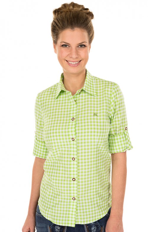 OS Trachten Trachtenbluse Damen Langarm Checkered Apple Green – Baumwolle - Fasnacht24.ch