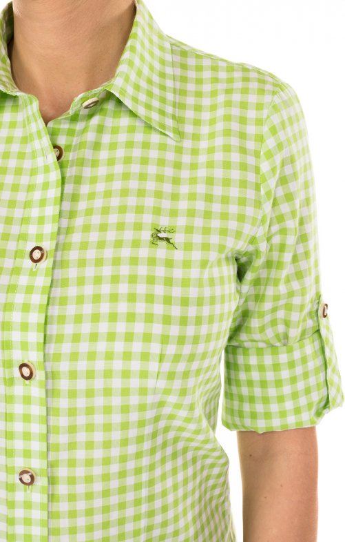 OS Trachten Trachtenbluse Damen Langarm Checkered Apple Green – Baumwolle - Fasnacht24.ch