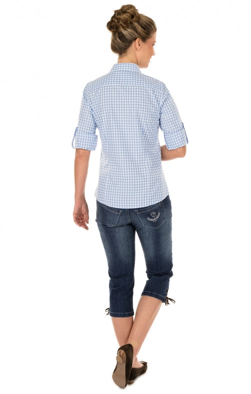 OS Trachten Trachtenbluse Damen Langarm Checkered Hellblau – Baumwolle - Fasnacht24.ch