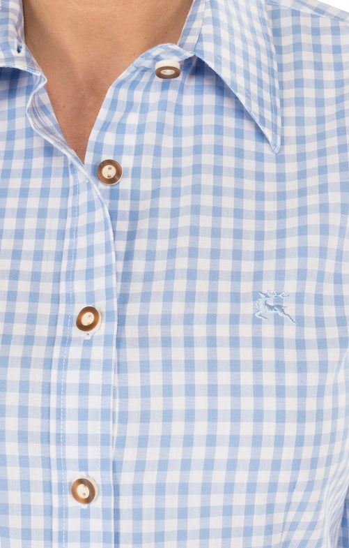 OS Trachten Trachtenbluse Damen Langarm Checkered Hellblau – Baumwolle - Fasnacht24.ch