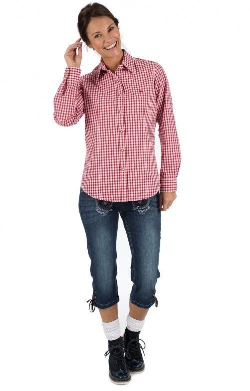 OS Trachten Trachtenbluse Damen Langarm Karo Rot Weiß – Baumwolle - Fasnacht24.ch