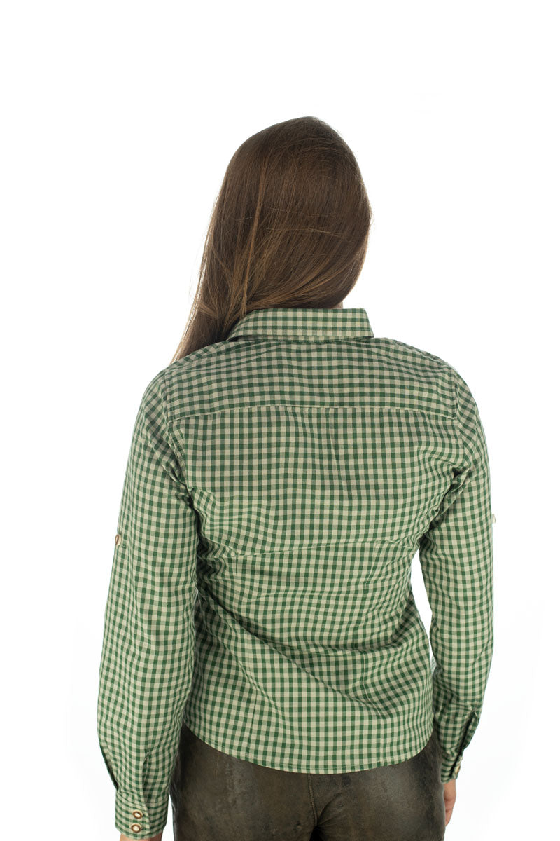 OS Trachten Trachtenbluse Damen Langarm Grün Kariert – Baumwolle - Fasnacht24.ch