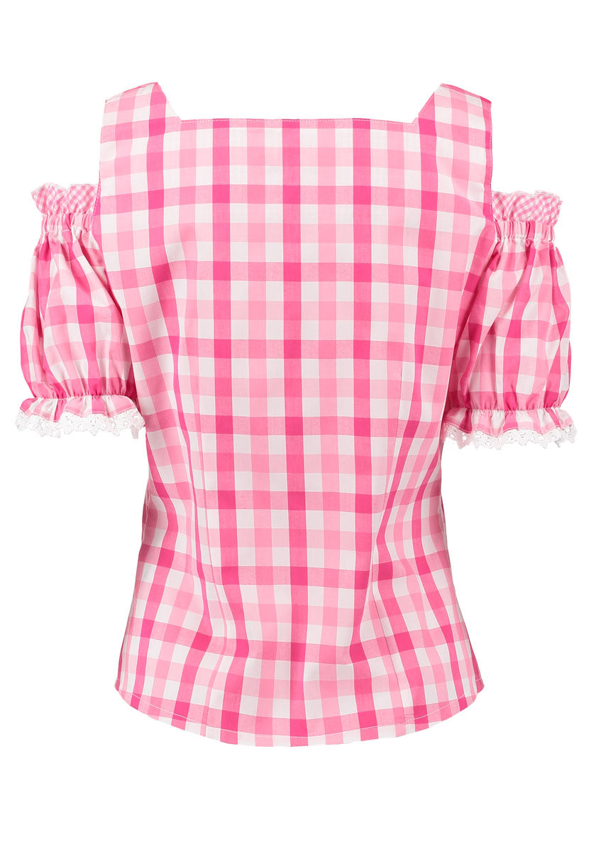 Damenbluse OS Trachten – Carmenstyle Kurzarm Bluse Pink Rüschen - Fasnacht24.ch