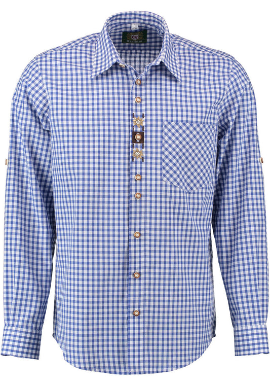 Trachtenhemd OS Trachten – Regular Fit Langarm Plaid Blau-Weiß - Fasnacht24.ch
