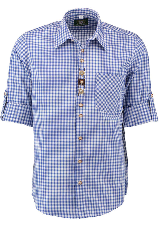 Trachtenhemd OS Trachten – Regular Fit Langarm Plaid Blau-Weiß - Fasnacht24.ch