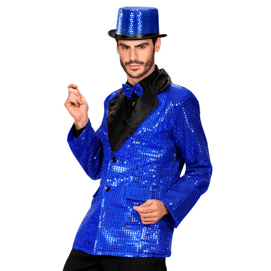 "PAILLETTENJACKE MIT KRAGEN AUS SATIN - BLAU" – Vorderansicht