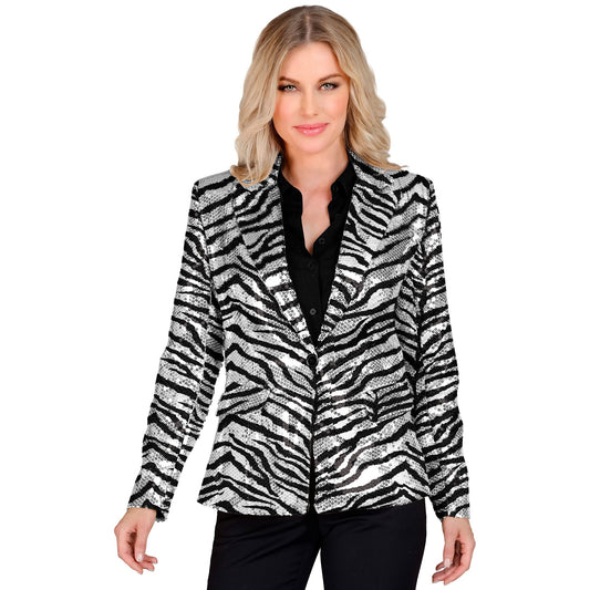 "PARTY FASHION BLAZER" (Pailletten Blazer in Zebramuster) – Vorderansicht