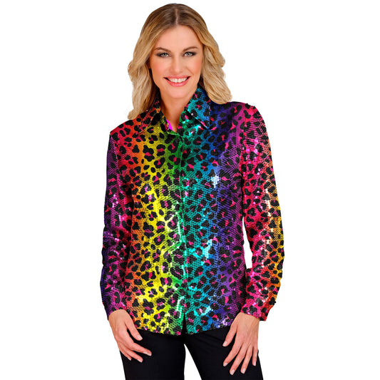 "PARTY FASHION BLUSE" (Paillettenbluse in Leopardenmuster Regenbogen) – Vorderansicht