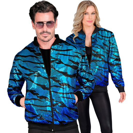 "PARTY FASHION BOMBERJACKE" (Pailletten Bomberjacke in blue waves Muster) – Vorderansicht