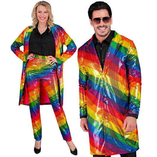 "PARTY FASHION MANTEL" (Paillettenmantel in Regenbogen Muster) – Vorderansicht
