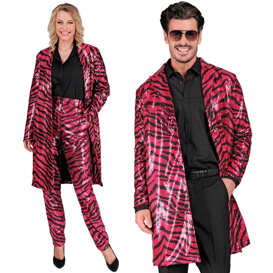 "PARTY FASHION MANTEL" (Paillettenmantel in Zebramuster pink) – Vorderansicht