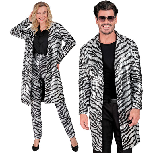 "PARTY FASHION MANTEL" (Paillettenmantel in Zebramuster) – Vorderansicht
