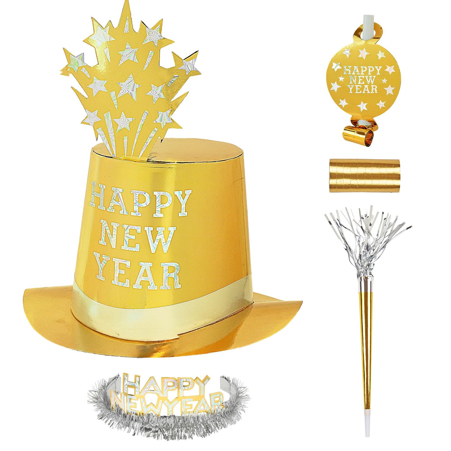 "PARTY KIT HAPPY NEW YEAR GOLD" für 10 Personen (5 Zylinder, 5 Kronen, 5 Trompeten, 5 Luftrüssel, 1 Rolle aus 10 dekorativen Luftschlangen) – Ansicht 4