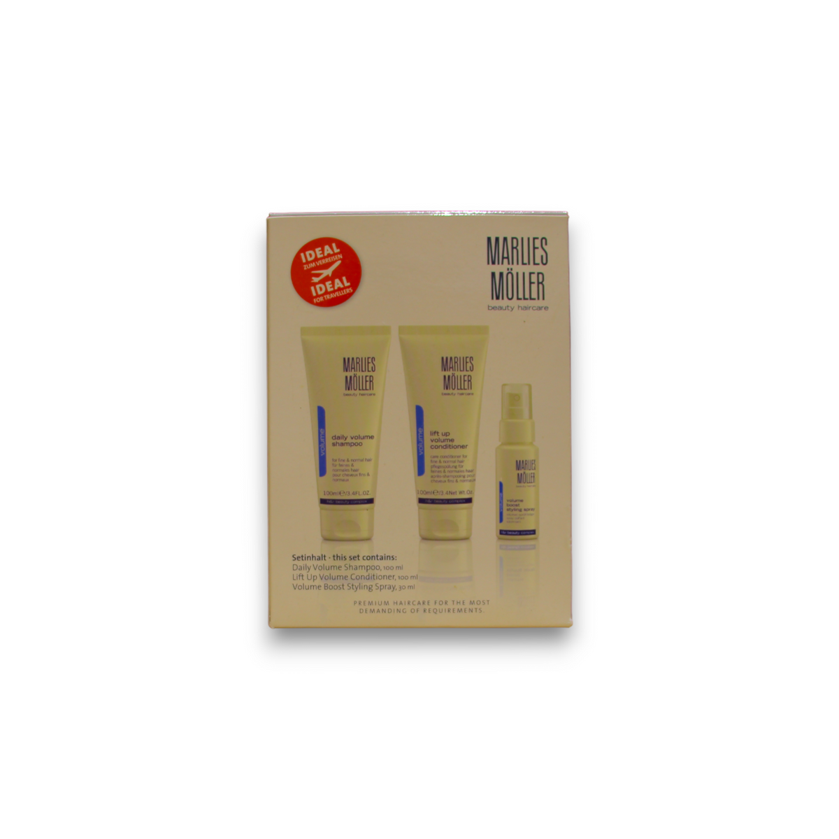 Perfect Volume Set Marlies Moller: Daily Volume, Hair Shampoo, 100 ml + Lift-Up, Hair Conditioner, For Volume, 100 ml + Volume, Hair Spray, For Styling, 30 ml