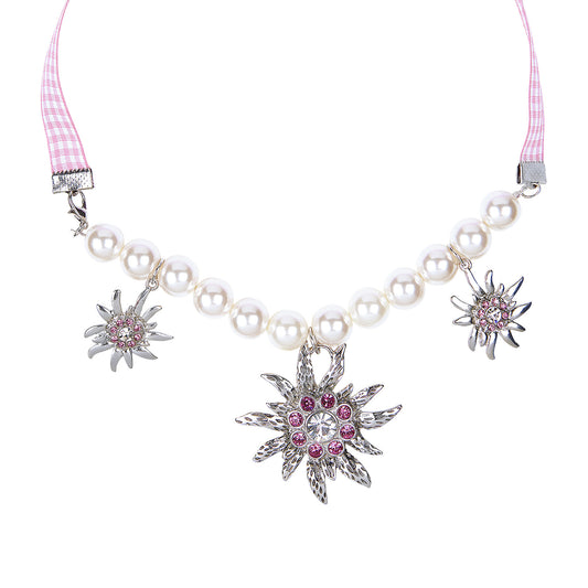 "PERLENKETTE EDELWEISS MIT KLAREN UND ROSA STRASS" – Vorderansicht